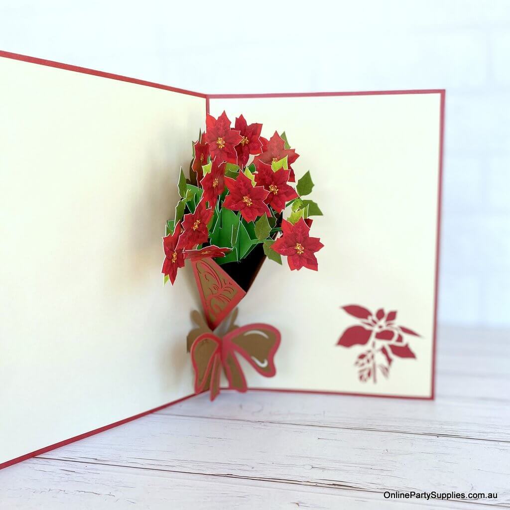 Traditional Christmas Red Poinsettia Flower Bouquet Pop Up Greeting Card - 3D Christmas Cards