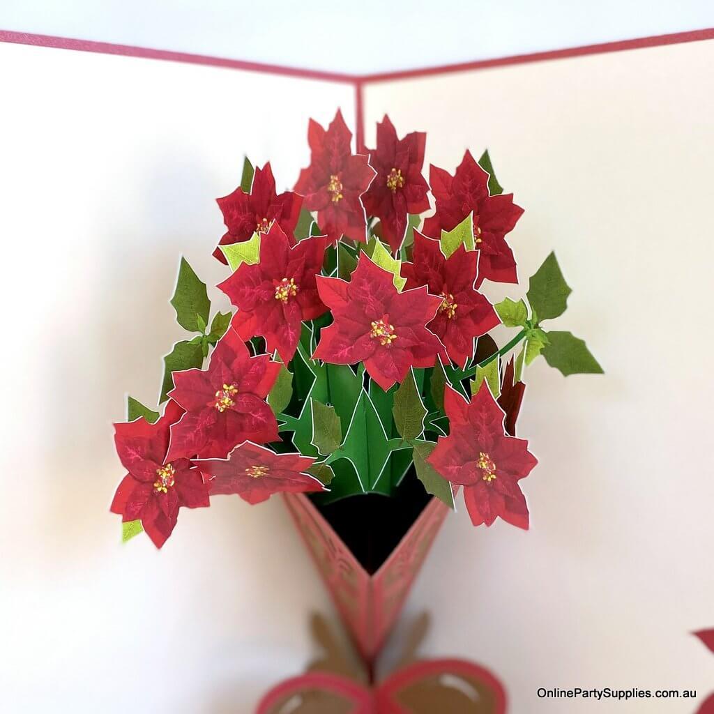 Traditional Christmas Red Poinsettia Flower Bouquet Pop Up Greeting Card - 3D Christmas Cards