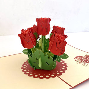 Handmade Red Rose Bouquet 3D Pop Up Greeting Card - Mother's Day, Valentine's Day Pop Up Cards - Wedding Invitations