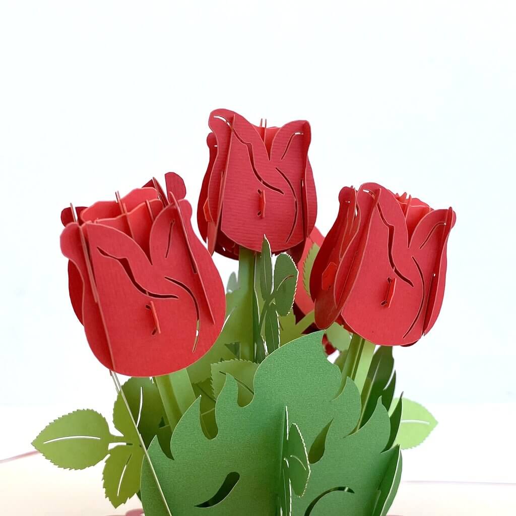 Handmade Red Rose Bouquet 3D Pop Up Greeting Card - Mother's Day, Valentine's Day Pop Up Cards - Wedding Invitations