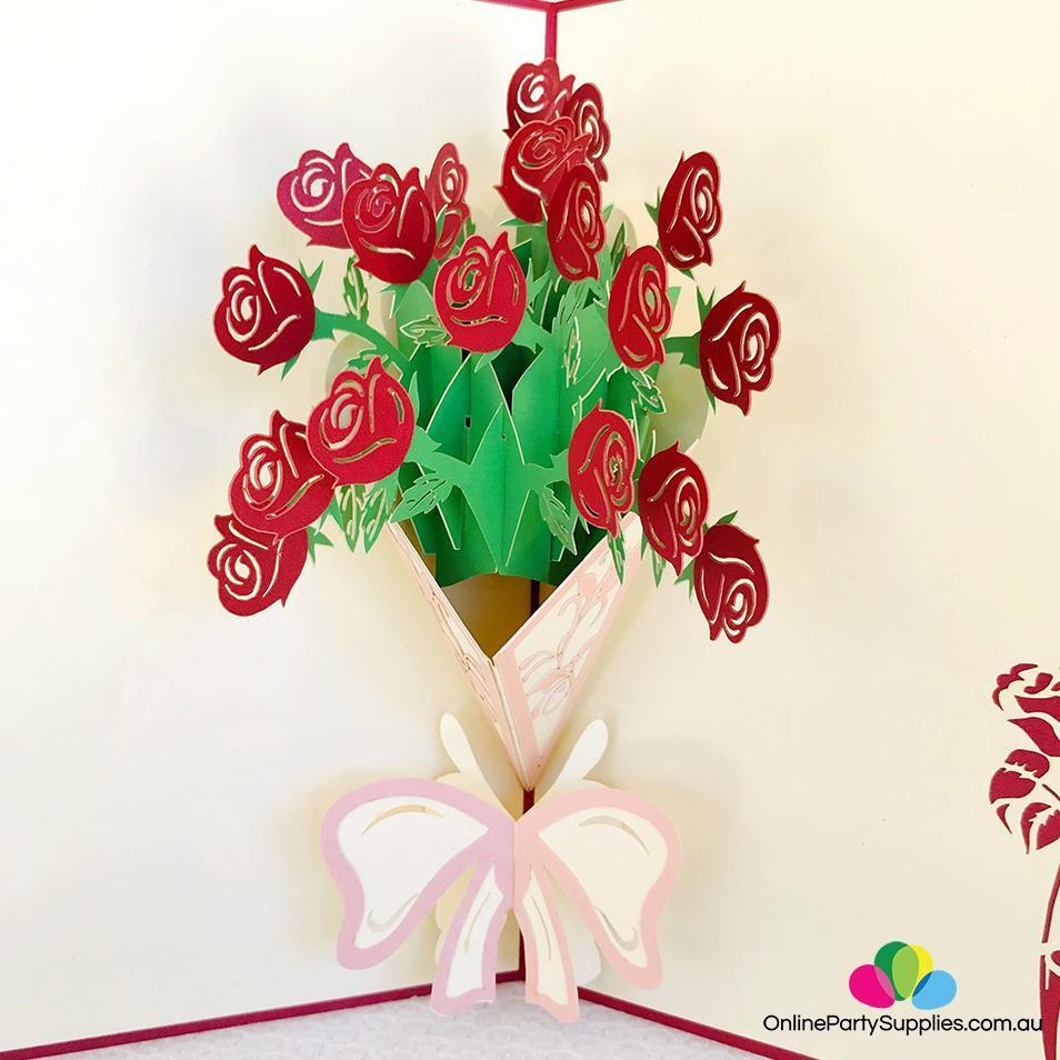 Handmade Red Rose Bouquet 3D Pop Up Card - Online Party Supplies