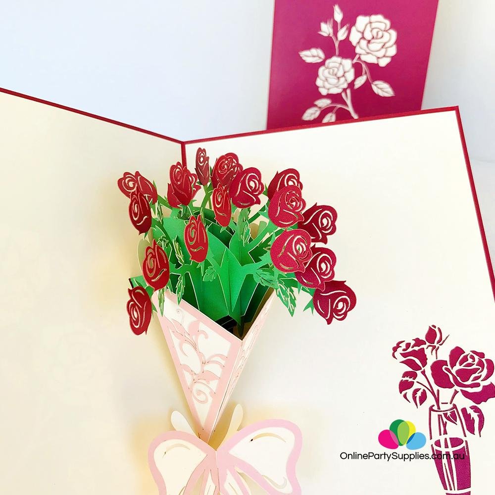 Handmade Red Rose Bouquet 3D Pop Up Card - Online Party Supplies