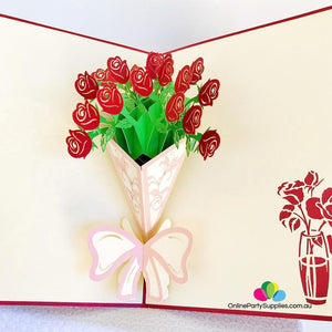 Handmade Red Rose Bouquet 3D Pop Up Card - Online Party Supplies