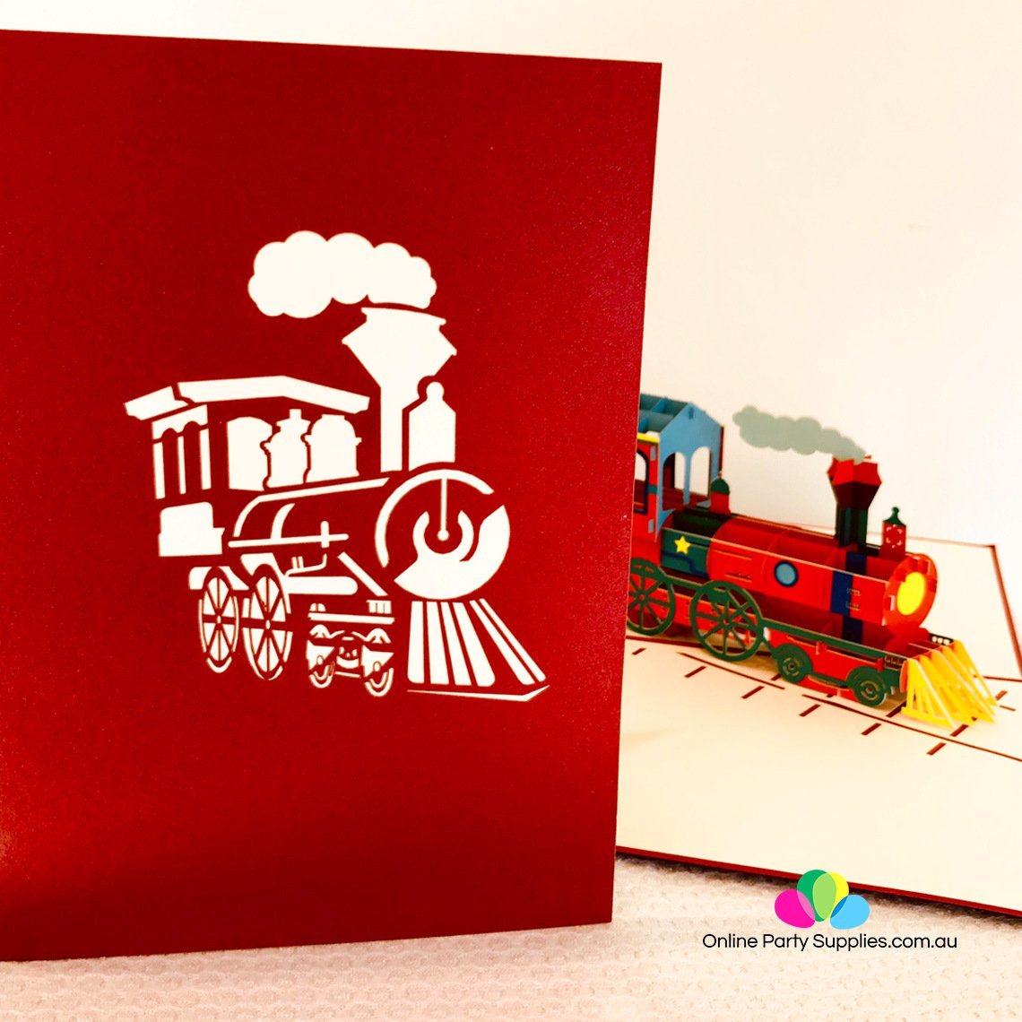 Handmade Red Steam Locomotive Pop Up Greeting Card - Online Party Supplies