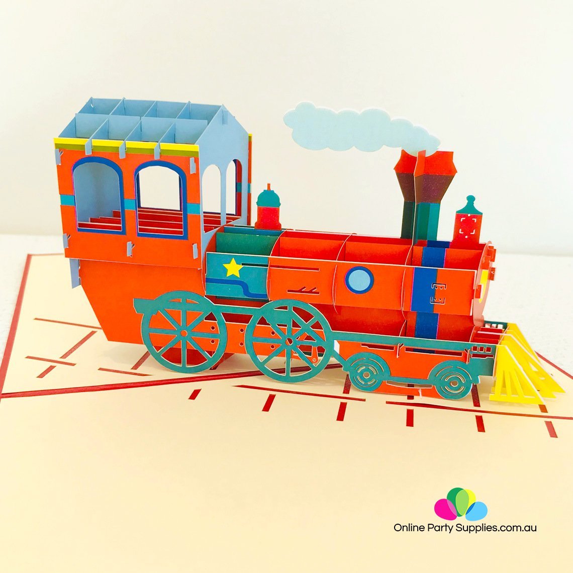 Handmade Red Steam Locomotive Pop Up Greeting Card - Online Party Supplies