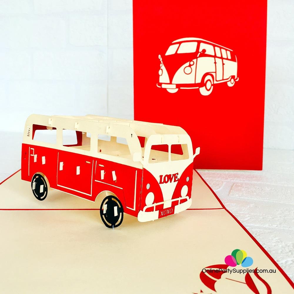 Handmade Red Vintage VW Kombi Camper Pop Up Card - Online Party Supplies
