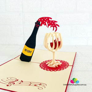 Handmade Red Wine Bottle and Glass 3D Pop Up Card - Online Party Supplies