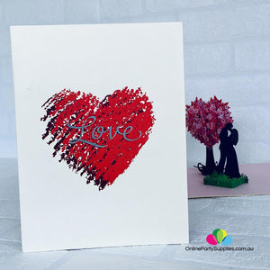 Handmade Silhouette Couple Kissing Near Pink Heart Tree 3D Pop Up Card - Online Party Supplies