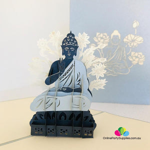 Handmade Silver and Grey Sitting Buddha In Meditation 3D Pop Up Card - Online Party Supplies