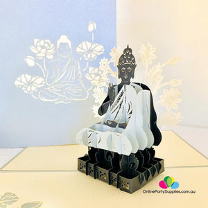 Handmade Silver and Grey Sitting Buddha In Meditation 3D Pop Up Card - Online Party Supplies