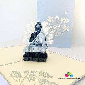 Handmade Silver and Grey Sitting Buddha In Meditation 3D Pop Up Card - Online Party Supplies