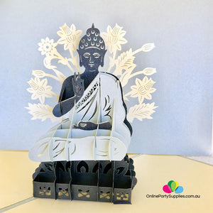 Handmade Silver and Grey Sitting Buddha In Meditation 3D Pop Up Card - Online Party Supplies