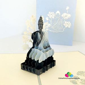 Handmade Silver and Grey Sitting Buddha In Meditation 3D Pop Up Card - Online Party Supplies