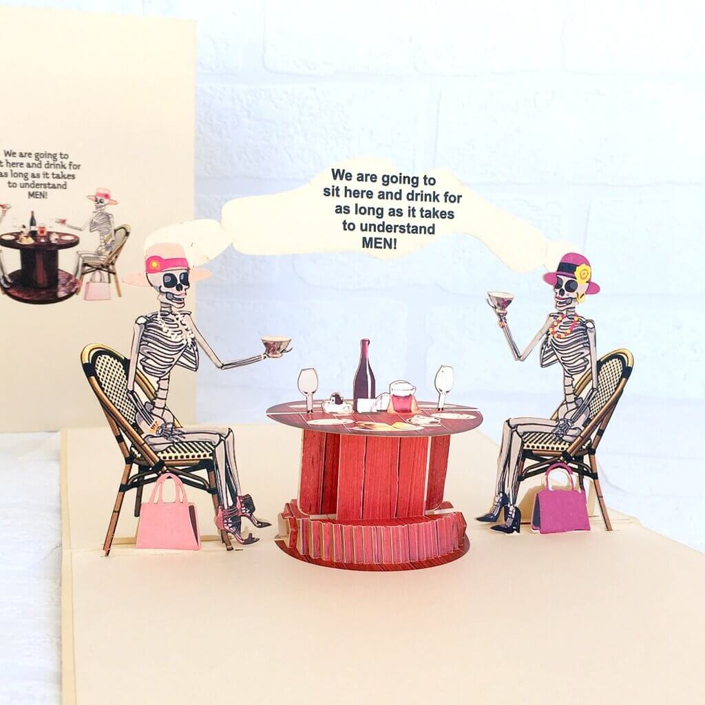 Handmade Funny Skeleton Ladies Chatting in Tearoom Halloween Pop Up Card