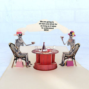 Handmade Funny Skeleton Ladies Chatting in Tearoom Pop Up Greeting Card