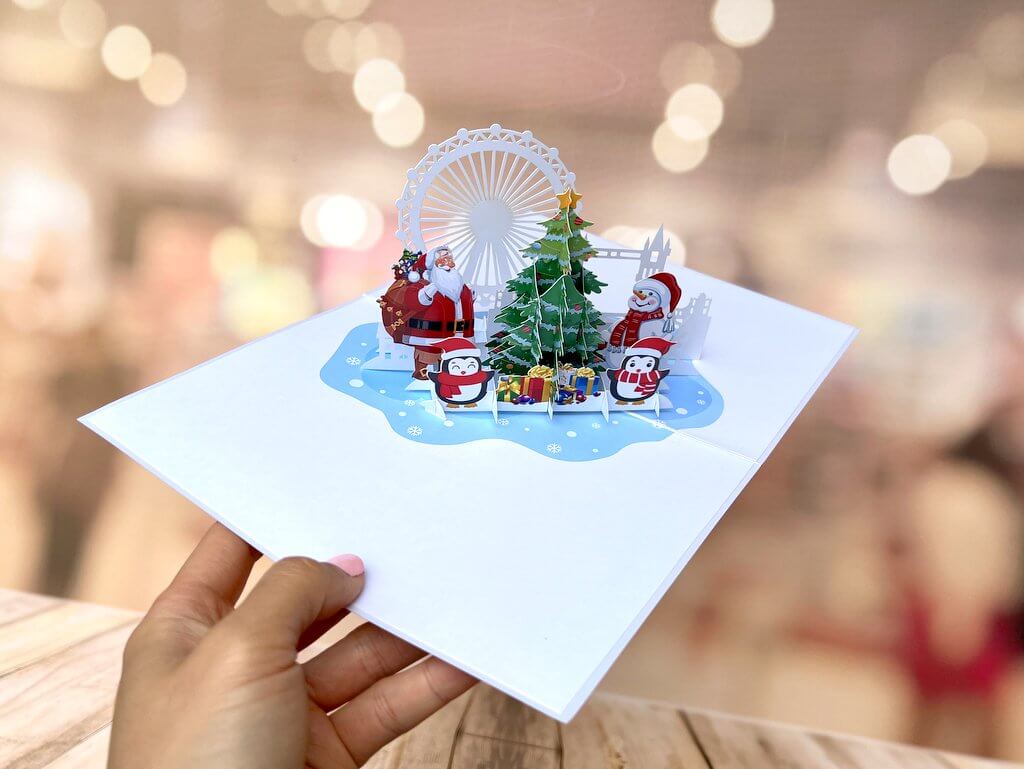 Santa Snowman & Penguin Around Christmas Tree 3D Pop Up Card