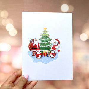 Santa Snowman & Penguin Around Christmas Tree 3D Pop Up Card