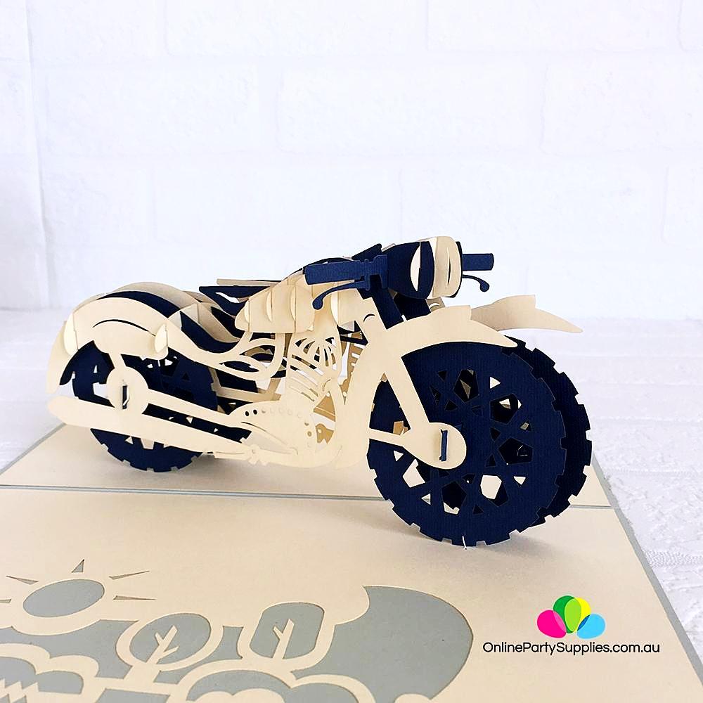 Handmade White and Blue Motorbike Pop Up Card - Online Party Supplies