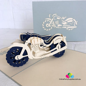 Handmade White and Blue Motorbike Pop Up Card - Online Party Supplies