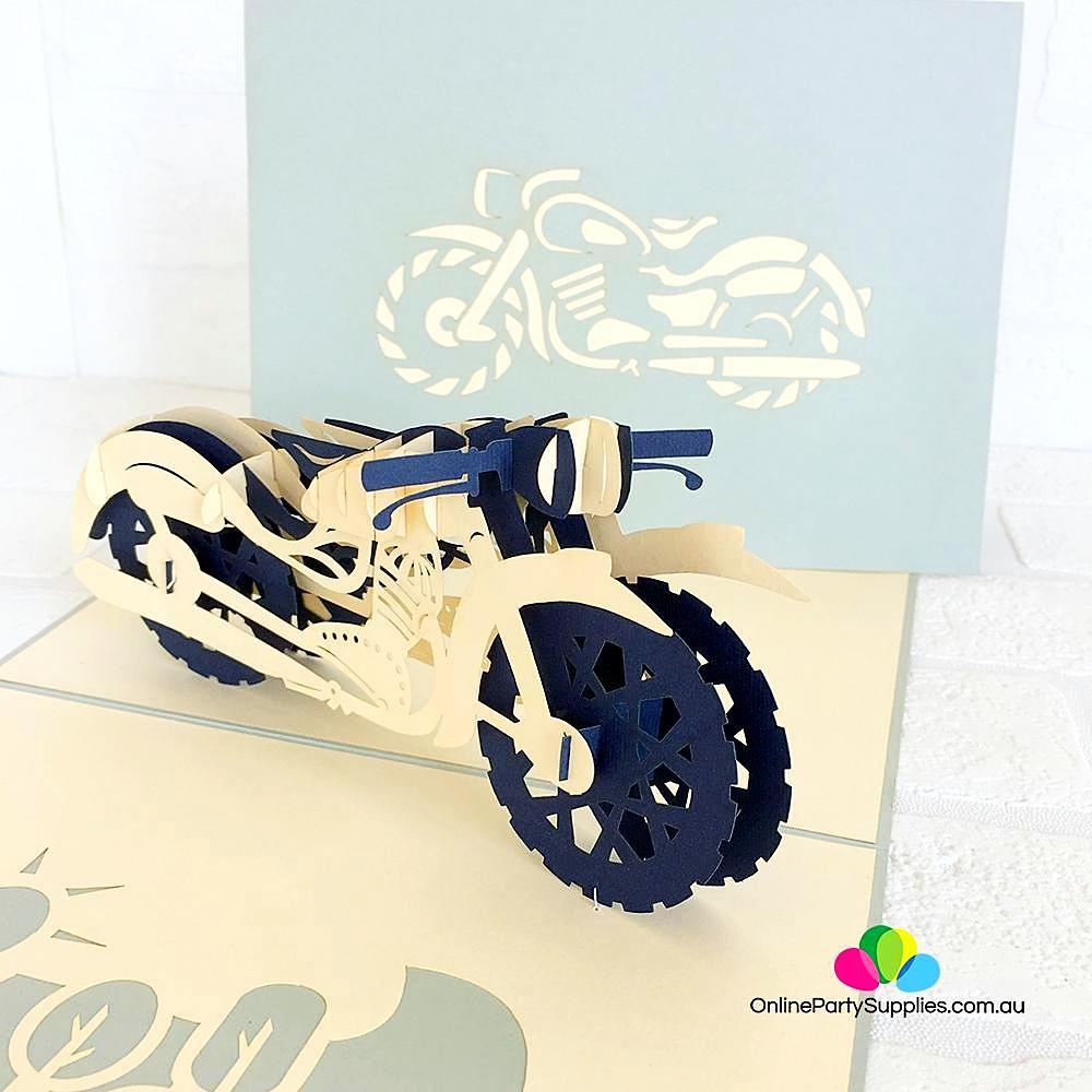 Handmade White and Blue Motorbike Pop Up Card - Online Party Supplies