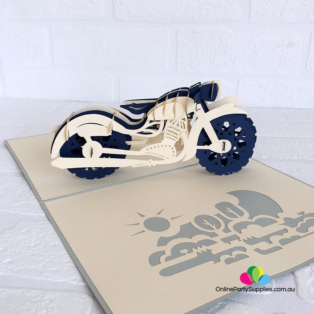 Handmade White and Blue Motorbike Pop Up Card - Online Party Supplies