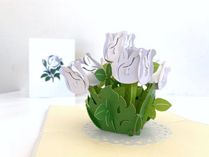 Handmade white Rose Bouquet 3D Pop Up Greeting Card - Mother's Day, Valentine's Day Pop Up Cards - Wedding Invitations