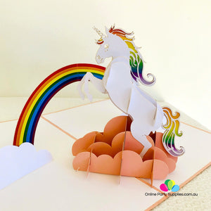 Handmade White Unicorn Over Rainbow Pop Up Card - Online Party Supplies