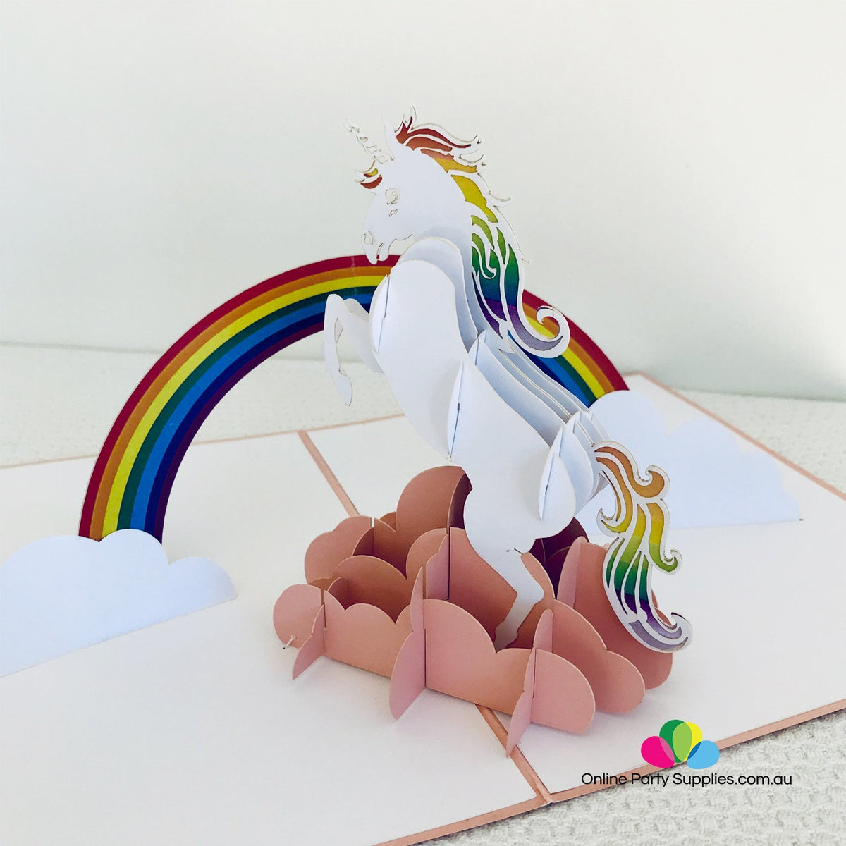 Handmade White Unicorn Over Rainbow Pop Up Card - Online Party Supplies