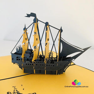 Handmade Yellow and Black Pirate Ship Pop Up Card - Online Party Supplies