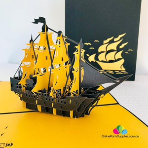 Handmade Yellow and Black Pirate Ship Pop Up Card - Online Party Supplies