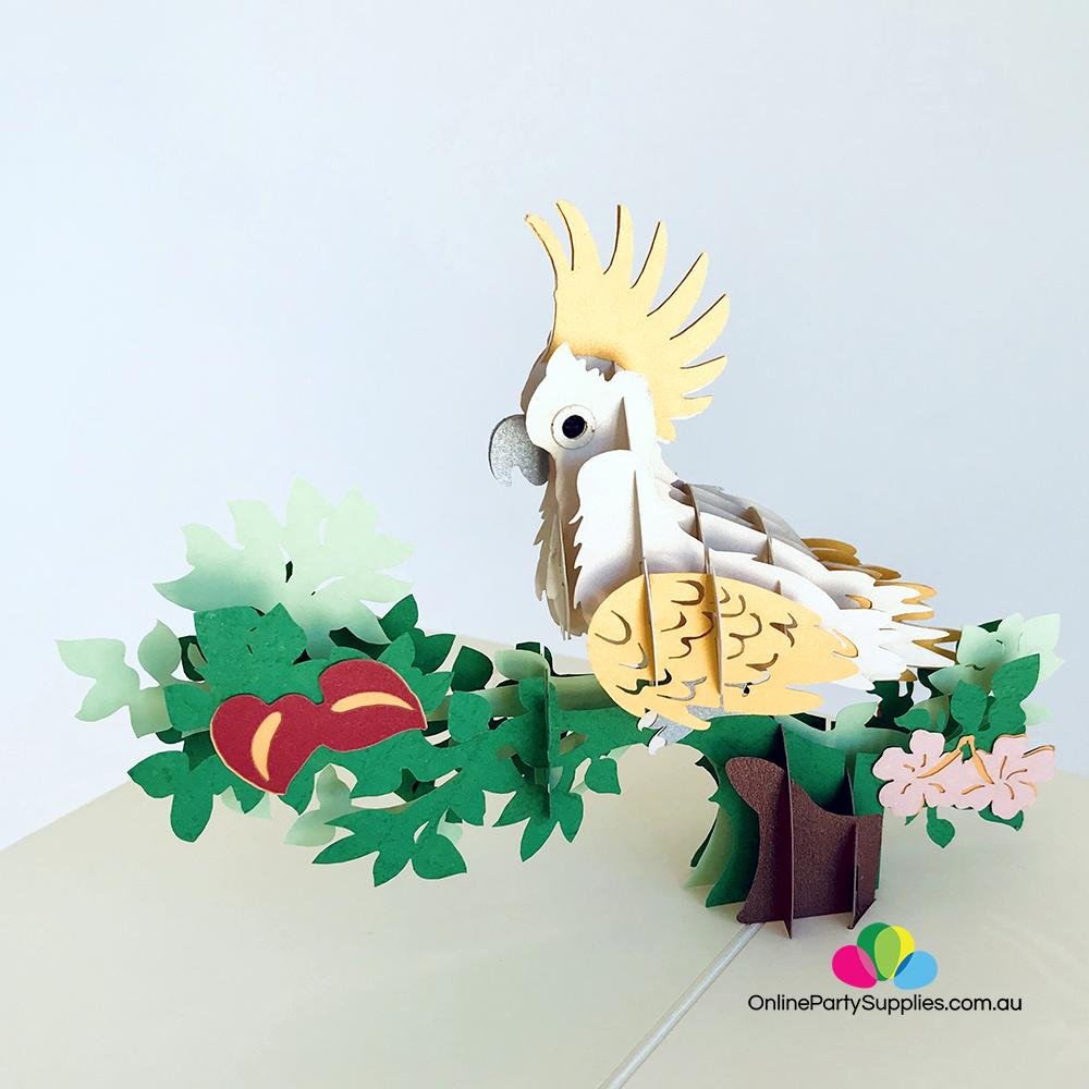 Handmade Yellow White Cockatoo Pop Up Greeting Card - Online Party Supplies