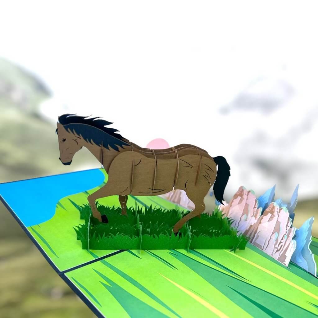 ZANE Spirit Dark Brown Horse Standing on a Green Field Pop Up Card