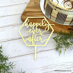 Online Party Supplies Australia Acrylic Gold Mirror Geometric Hexagon 'Happily Ever After' Cake Topper