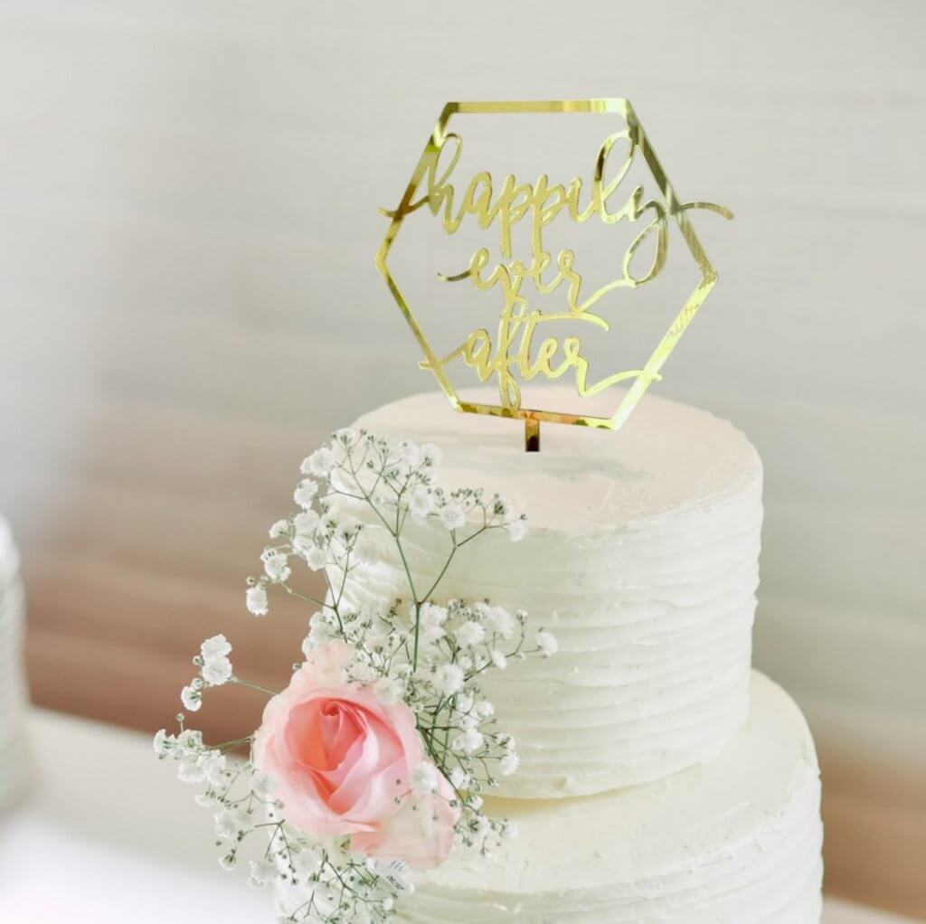 Online Party Supplies Australia Acrylic Gold Mirror Geometric Hexagon 'Happily Ever After' Cake Topper