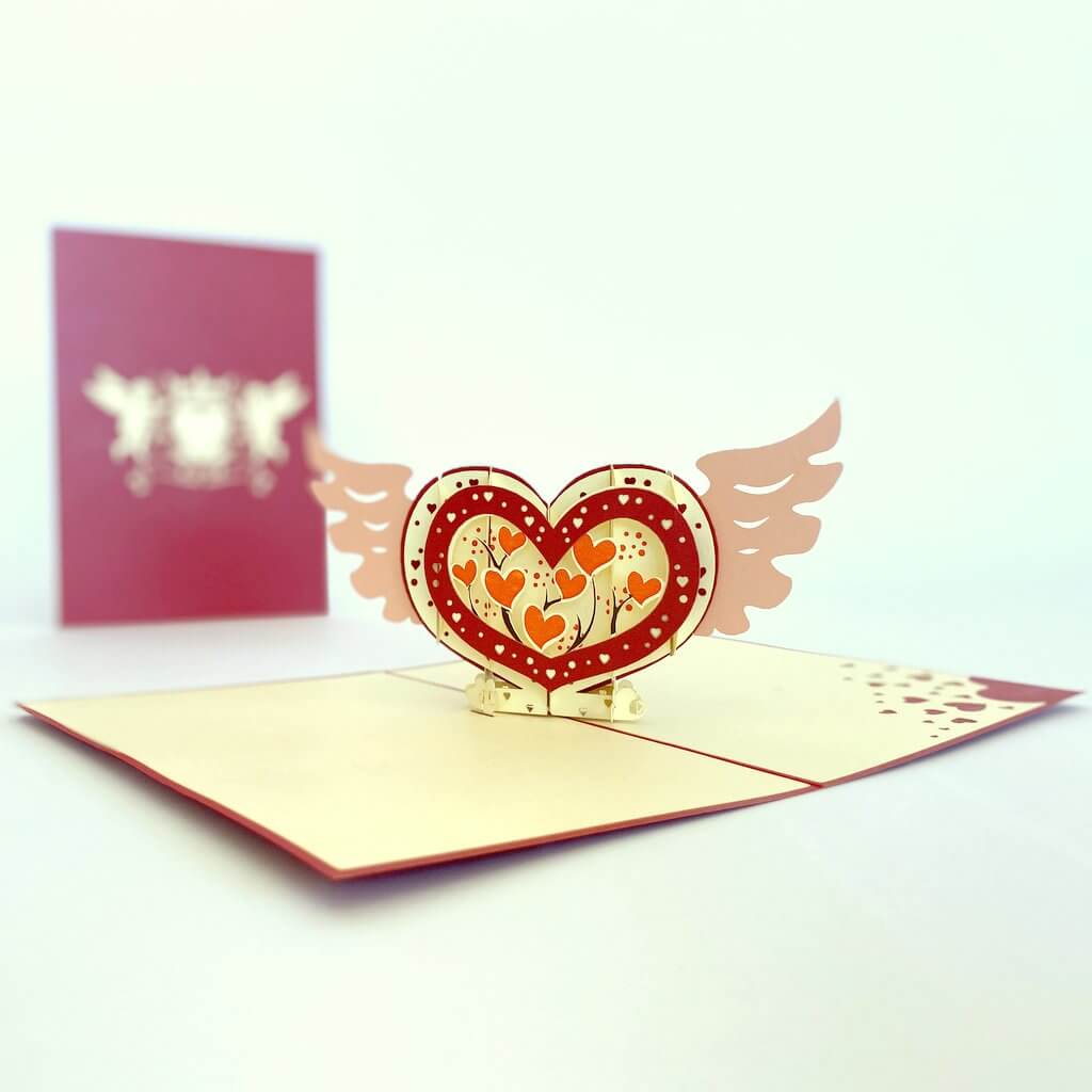 Handmade Heart with Wings 3D Pop Up Valentine's Day Card