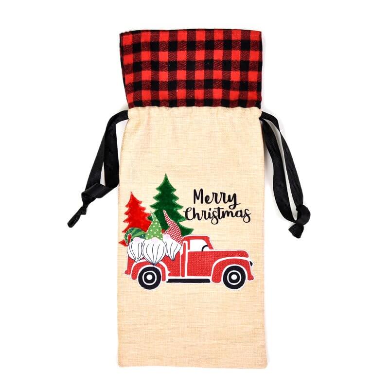 Hessian Merry Christmas Bottle Cover - xmas trees on ute