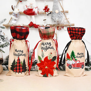 Hessian Merry Christmas Bottle Cover - xmas trees poinsettia flower ute
