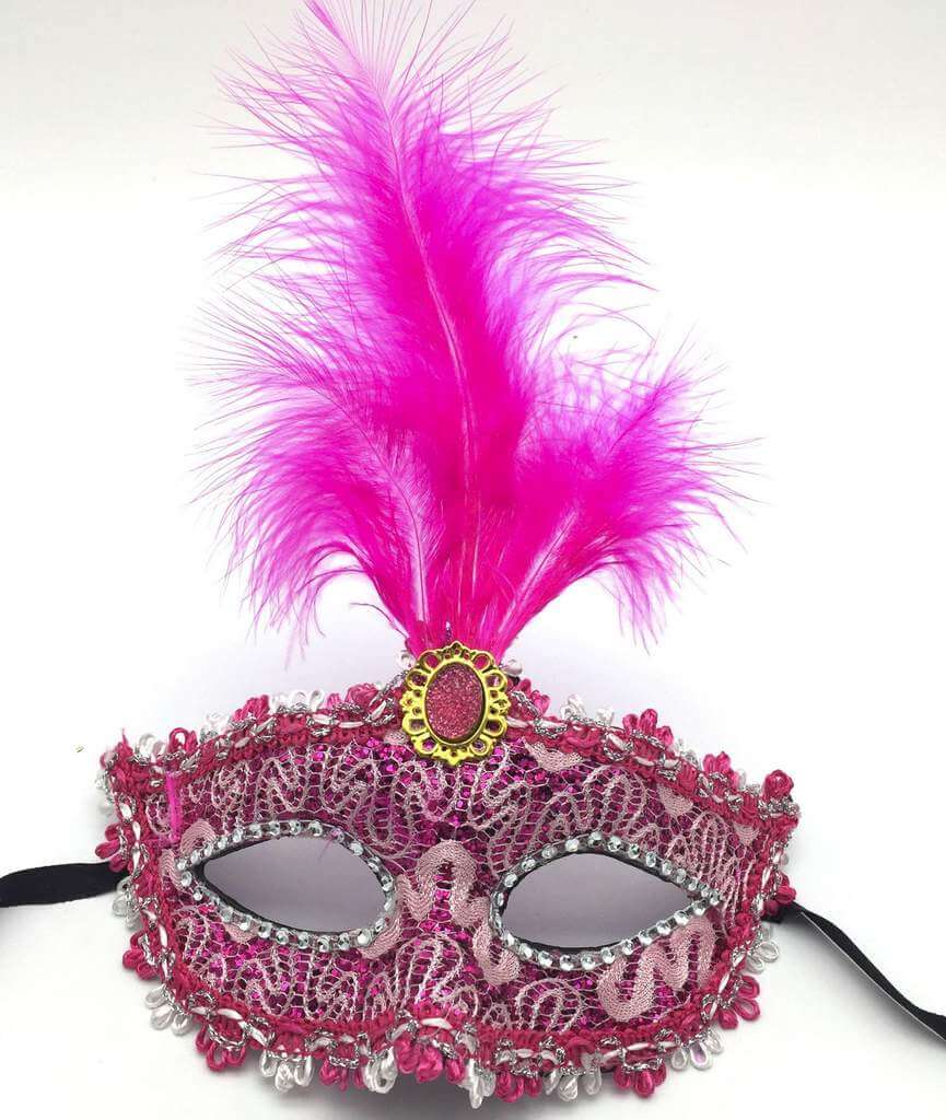 Elegant Tall Feather Lace Masquerade Mask for Women - Hot Pink