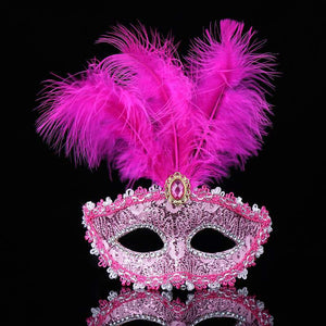 Elegant Tall Feather Lace Masquerade Mask for Women - Hot Pink