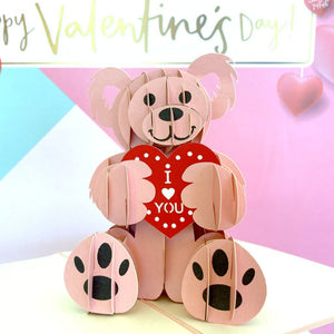 Handmade Pink Teddy Bear Pop Up Valentine's Day Card - Online Party Supplies