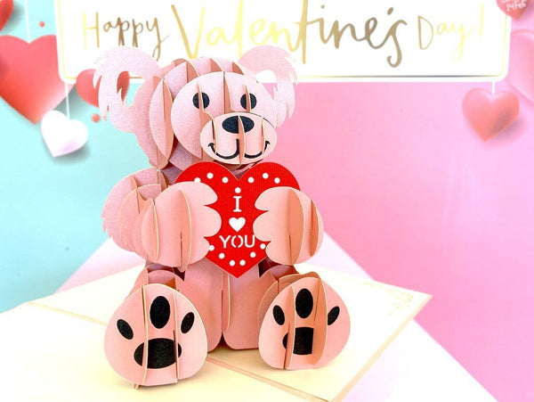 Handmade Baby Pink Teddy Bear Pop Up Valentine's Day Card