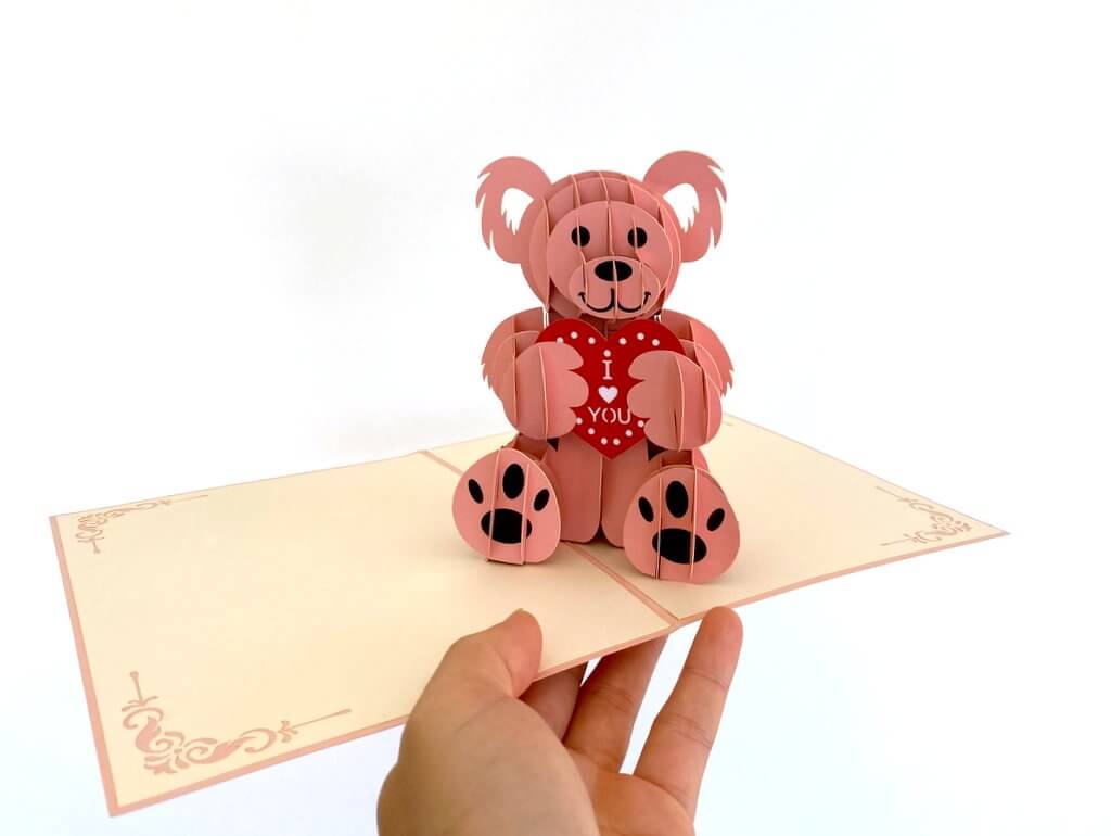 Handmade Pink Teddy Bear Pop Up Valentine's Day Card - Online Party Supplies