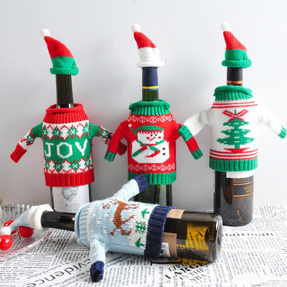 JOY Snowman Moose Xmas Tree Christmas Wine Bottle Woolen Cover Sweater with Hat Set - Online Party Supplies
