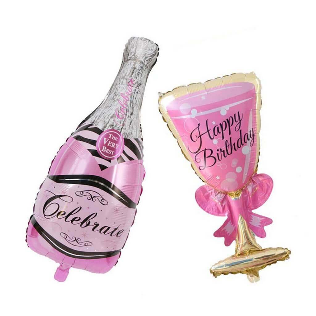 37" Jumbo Pink Happy Birthday Wine Goblet & Celebrate Champagne Bottle Balloon Set of 2