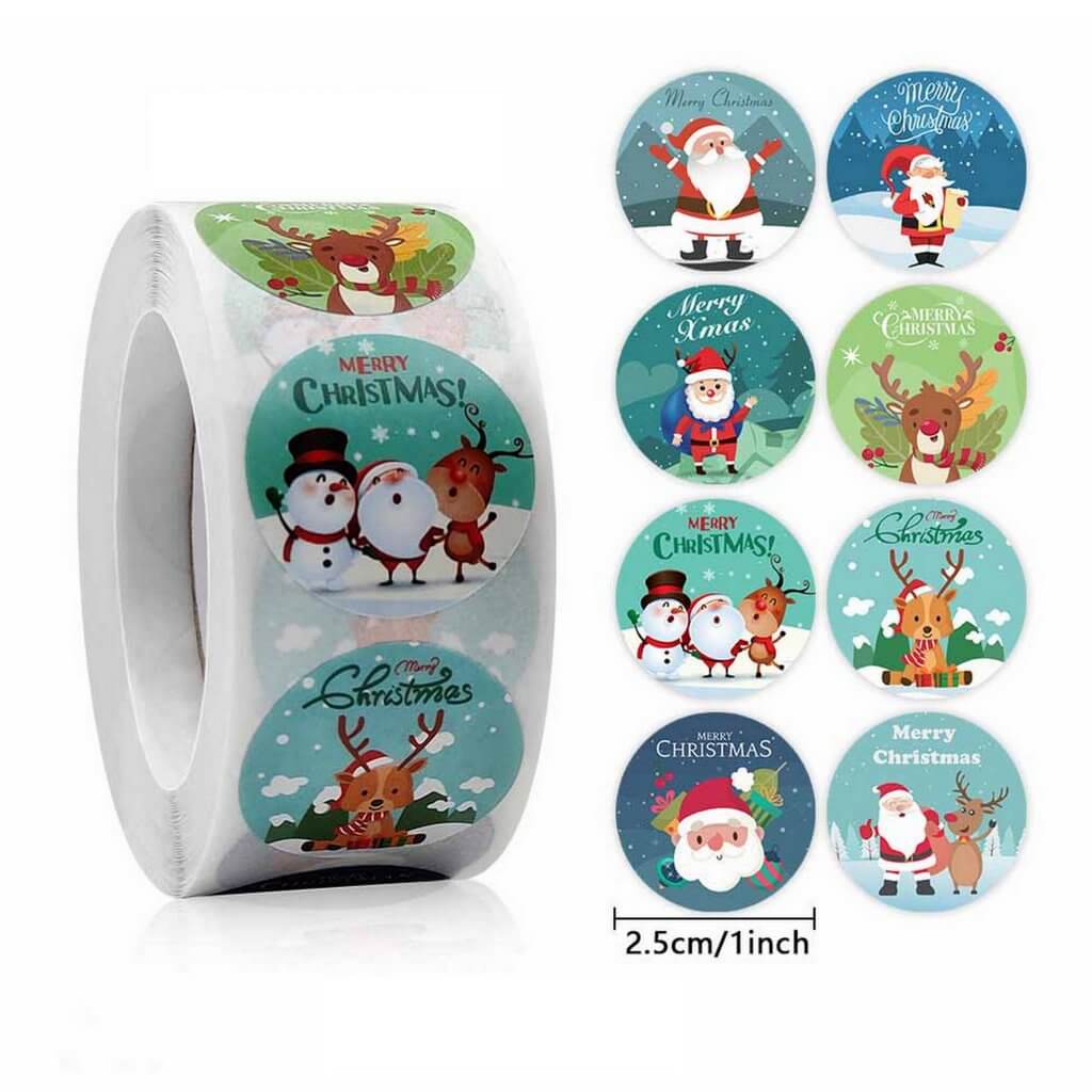 2.5cm Santa & Reindeer Paper Round Stickers 50pk - 8 Designs