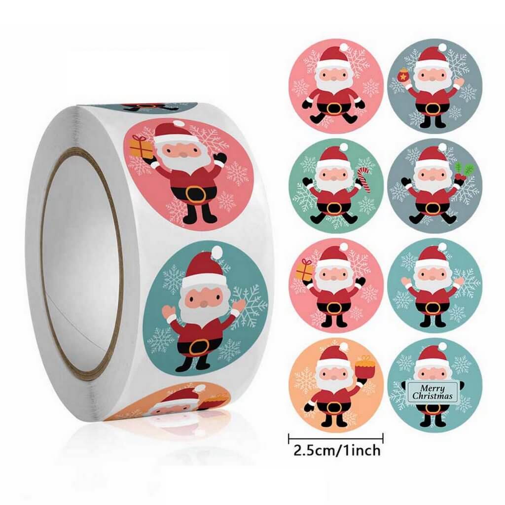 Round Paper Christmas Santa Claus Sticker 50 Pack - 8 Designs