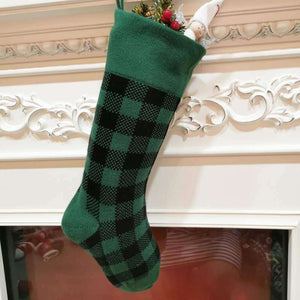 Large Knitted Vintage Green Black Check Pattern Christmas Santa Hanging Stocking - Xmas Home & Wall Decorations