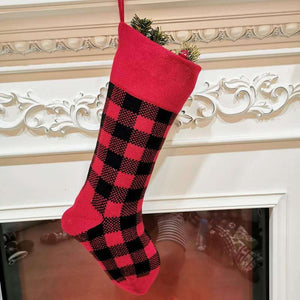 Large Knitted Black Red Vintage Check Pattern Christmas Santa Hanging Stocking - Xmas Home & Wall Decorations