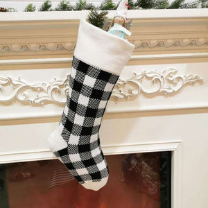 Large Knitted Black White Vintage Check Pattern Christmas Santa Hanging Stocking - Xmas Home & Wall Decorations