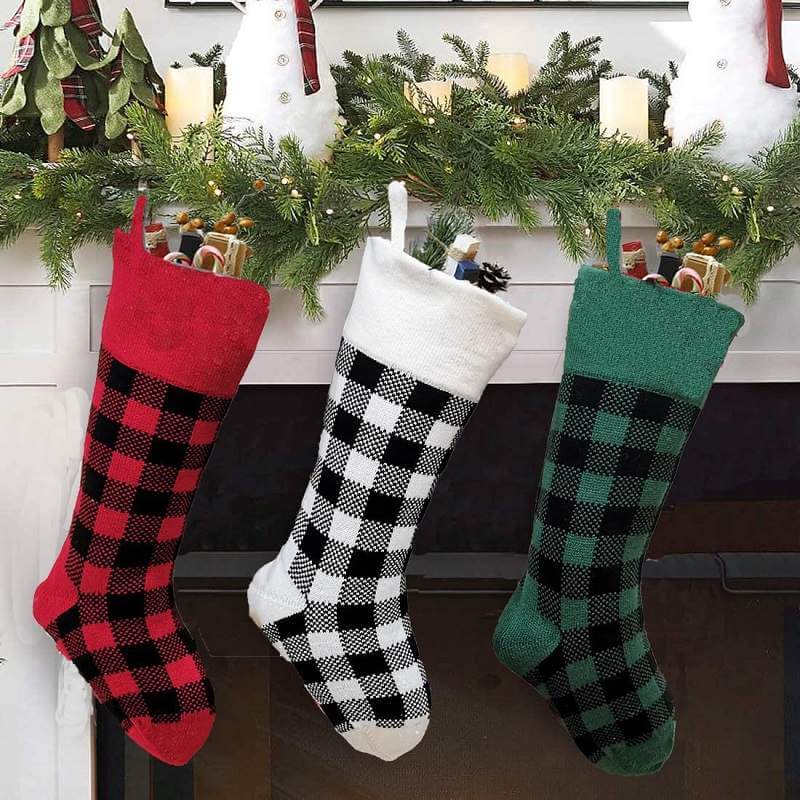 Large Knitted Vintage Check Pattern Christmas Santa Hanging Stocking - Xmas Home & Wall Decorations